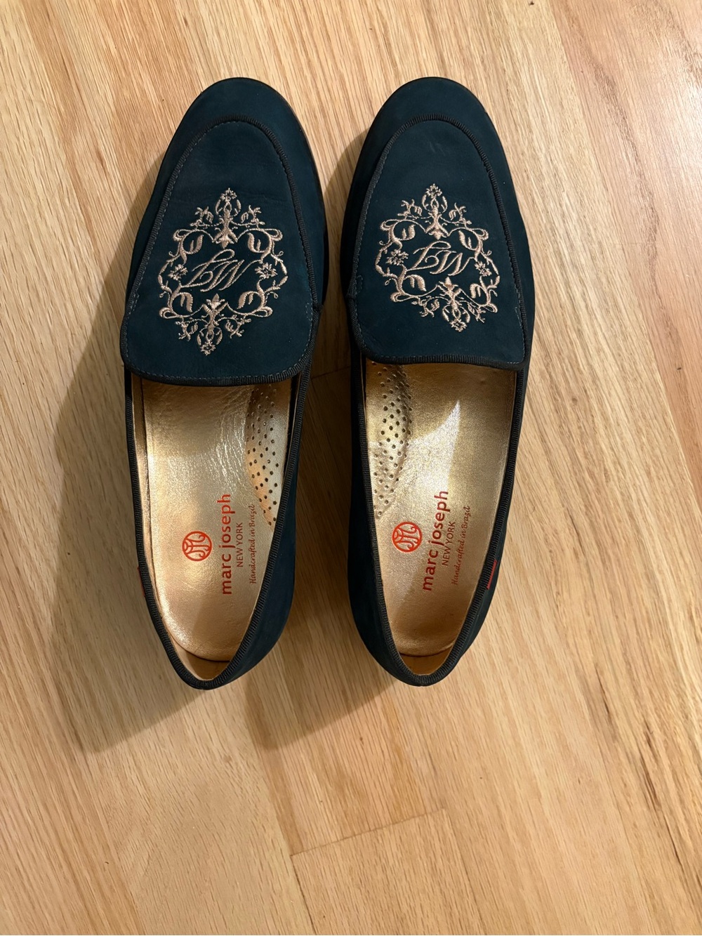 Marc Joseph Green Loafers with Gold Embroidered Crest